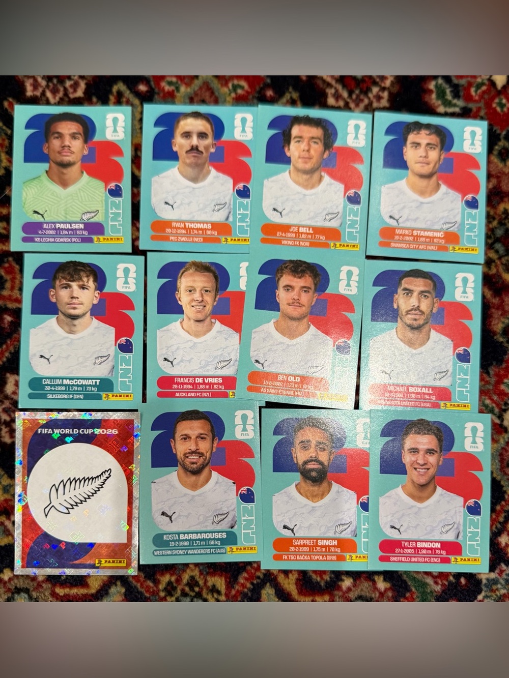 WORLD CUP 2026 PANINI STICKER.NEW  ZEALAND SOCCER  TEAM. LOT OF 12 STICKERS.BRAS